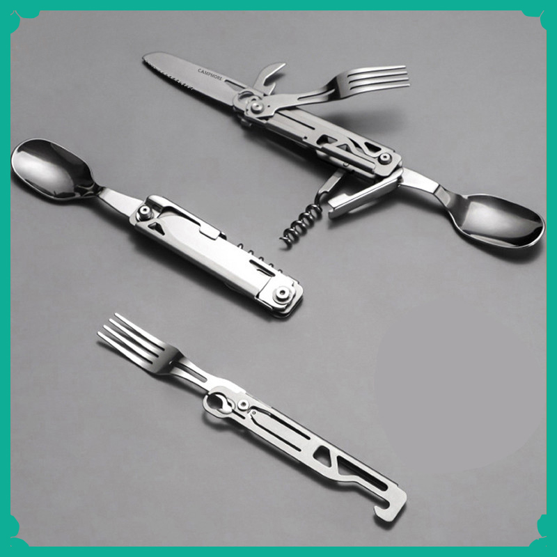 Camping Cooking Kit Box - Multifunktionales Camping-Gabel-Löffel-Set, tragbares, faltbares Messer, Gabel,