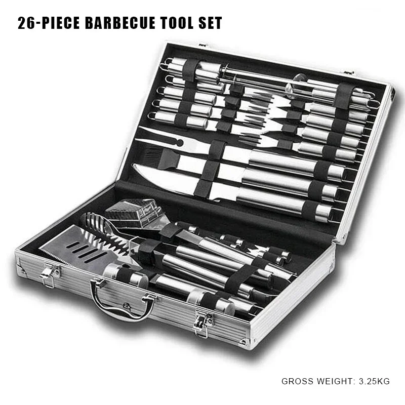 Camping Cooking Kit Box - 26-teiliges Set Edelstahl-BBQ-Werkzeuge, 26-teiliges Grillzubehör-Set, Camping-Outdoor-Kochwerkzeug-Kit