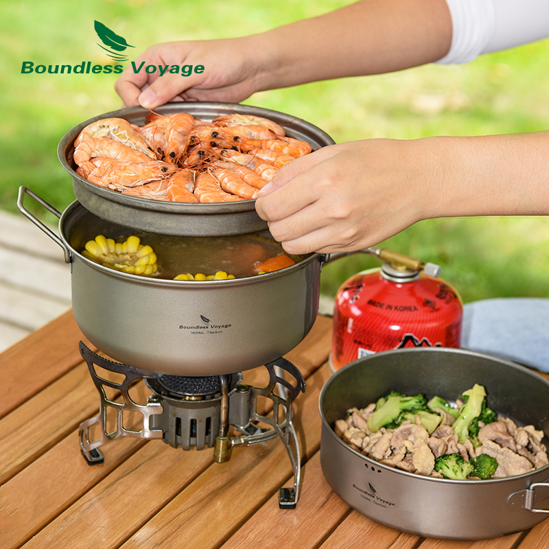 Camping Cooking Pot Set - Boundless Voyage Titan-Dampfgarer-Suppentopf mit Bratpfannen-Set, ultraleichter
