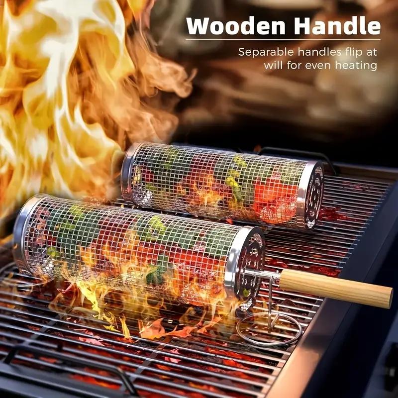 Camping Cooking Basket - Lebensmittelechter Edelstahl-Grillkorb-Set, runder Grillkorb aus Drahtgeflecht