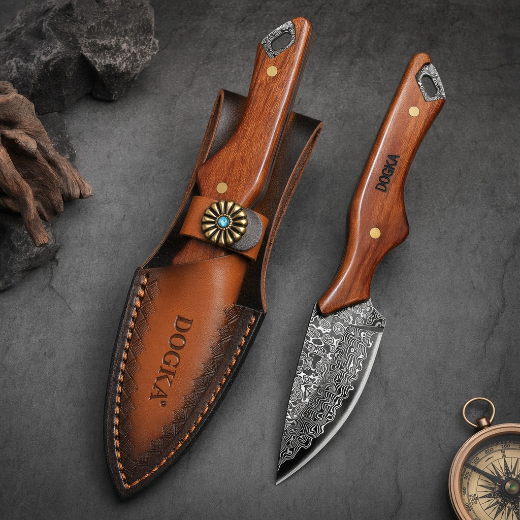 Camping Cooking Multi Tool - Damaszener Stahl Küchenmesser mit Massivholzgriff und